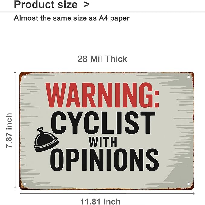Warning Cyclist With Opinions Left Bell Cycling Vintage Funny Wall Decor Retro Metal Sign Poster for Garage Man Cave Bathroom Bedroom Farm Inspirational Popular Wall Art 8x12 Inch Signs Posters