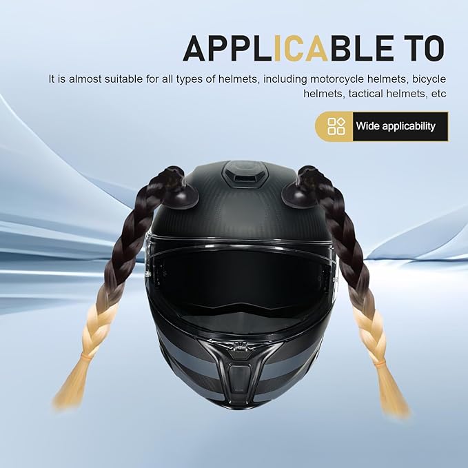 2 PCS Helmet Pigtails, Fun Pigtail Decorations for Helmet with Suction Cup, Detachable Fake Hair Decor, Universal for Motorcycle Bike Helmets (Black & Golden)