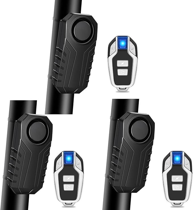 Bike Alarm with Remote,Bicycle Alarm Wireless,113dB Loud Bike Alarms for E-Bikes, Motorcycles, Scooter, Cars, Trailers, Luggage, Outdoor Riding and Cycling Safety IP65 Waterproof, 3Pcs