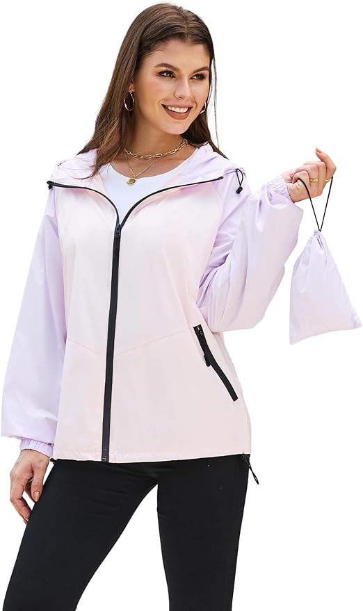 PITINAN Lightweight Rain Jacket Women Packable Wind Breaker Light Rain Jacket Women Waterproof Travel Raincoat S-XXL