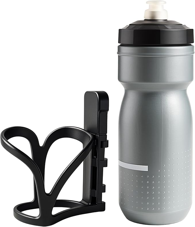 Insulated Bike Water Bottle with Bottle Holder, Screws not Included, Bicycle Accessories for Sport, Outdoor, Cycling, MTB, Road, Universal Cup Holder, Squeeze, Durable, Kids, Adults (Black) 21oz