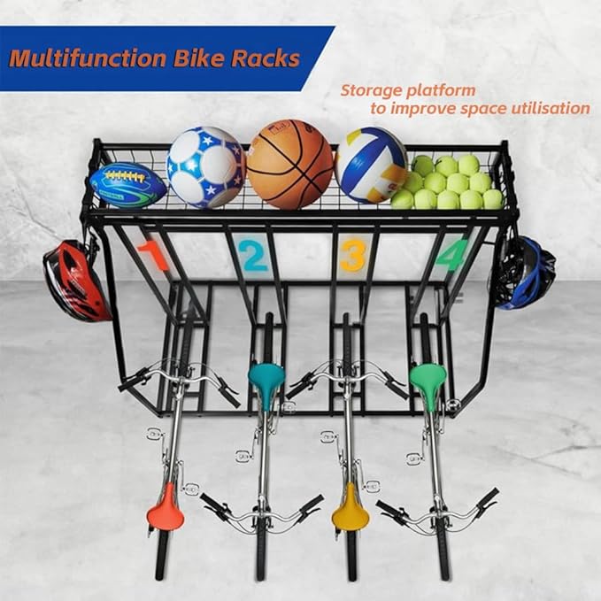 Kapler Bike Stand Rack - 4-Bicycle Floor Parking with Storage Basket & Anti-Slip Base for Garage Backyard Indoor & Outdoor Use - Fits Mountain Road & Hybrid Bikes
