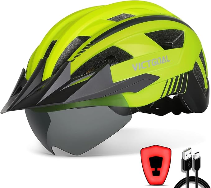 VICTGOAL Bike Helmet with USB Rechargeable Rear Light Detachable Magnetic Goggles Removable Sun Visor Mountain & Road Bicycle Helmets for Men Women Adult Cycling Helmets