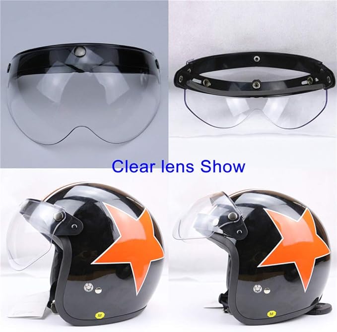 Helmet Visor Replacements,Universal 3 Snap Retro Helmet Visor Windproof Sun Shield Half Face Motorcycle Helmets Visor,Up Down Open Face Helmet Half Face Shield(Clear)