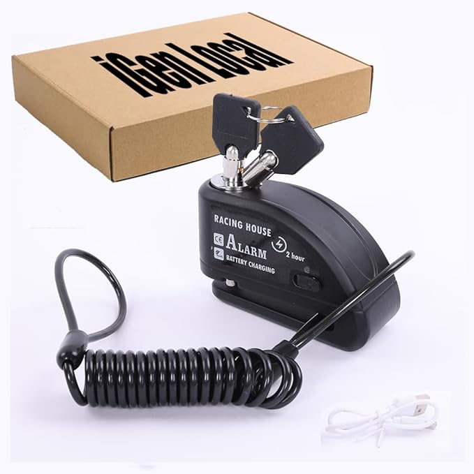 Motorcycle Alarm disc Brake Lock - USB Rechargeable, 130 Decibel Sound, Anti-Theft and Waterproof, Suitable for Various Bicycle and Motorcycle Models. with Reminder Rope and hex Wrench. (Black)