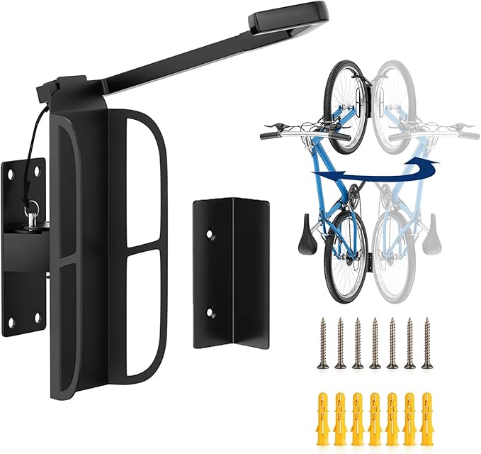 Swivel Bike Wall Mount, Metal Wall Bike Rack with Durable Sleeves, Space-Saving Vertical Bike Rack with 180° Swivel for Home and Garage, Bike Storage Hanger Mount Up to 66 lbs, 1-Pack