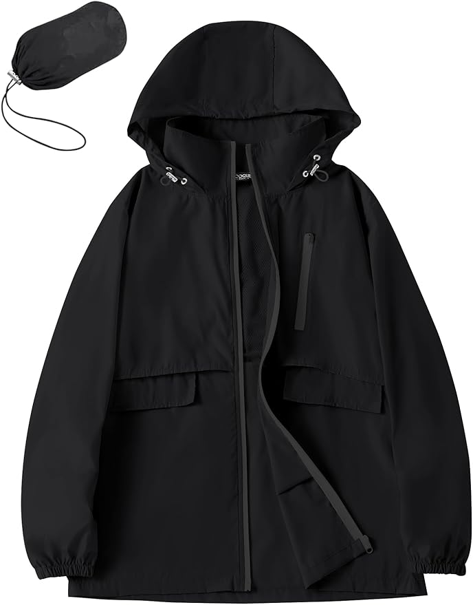 Avoogue Rain Jacket Women with Hooded Lightweight Waterproof Raincoats Packable Zipper Pockets Windbreakers