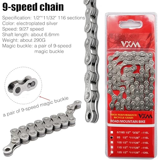 Bike Chain 1/2" x 11/128" 116 Links 9 Speed Bicycle Chain,Bike Chains MTN BTX MTB Mountain Bike Road,9-Speed Chain