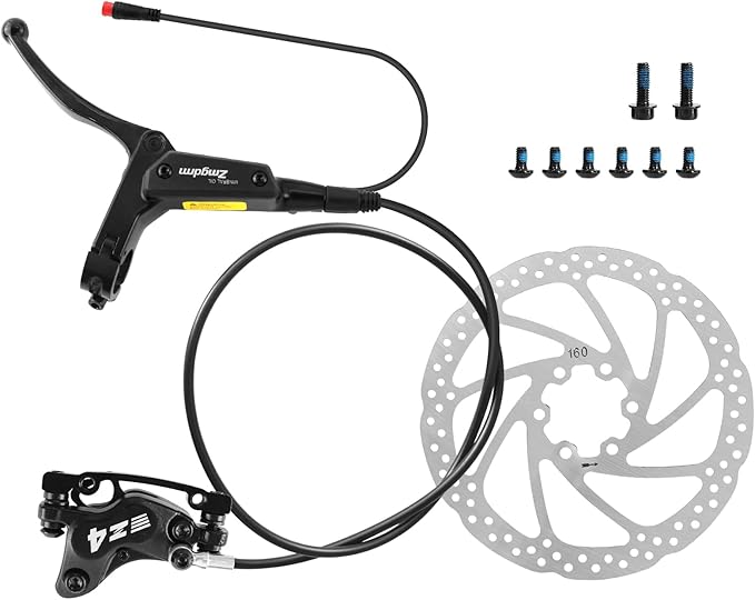 4-Pistons E-Bike Hydraulic Disc Brake Set, 2-PIN Electric Power-Off Hydraulic Brakes Set with 160mm Rotors, Pre-Bled with Mineral Oil Brakes Kit for eBike, MTB, Electric Scooters(Left Front)