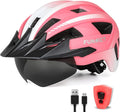 Adult Bike Helmet with Visor and Goggles for Men Women Mountain Road Bicycle Helmet Rechargeable Rear Light Cycling Helmet