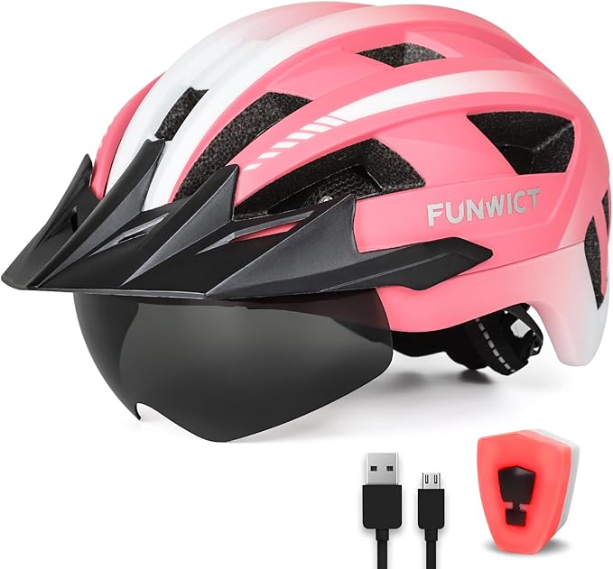 Adult Bike Helmet with Visor and Goggles for Men Women Mountain Road Bicycle Helmet Rechargeable Rear Light Cycling Helmet