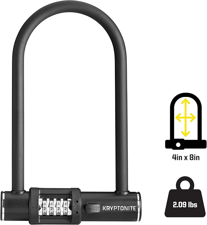 Kryptonite Combo Bike U-Lock Standard, Anti-Theft Security Bicycle Lock, 12mm Steel Shackle, 4-Digit Resettable Combination U Lock for Scooter Road Mountain Bikes
