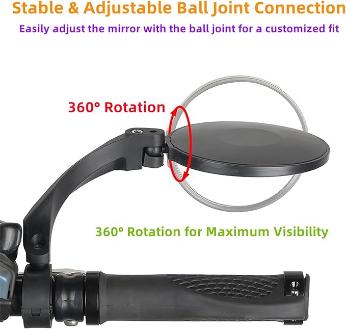 Handlebar Bike Mirror,2 Pack HD Wide Angle Safe Rearview Bicycle Mirrors,360° Adjustable Rear View Mirrors Anti-Glare Shatterproof Glass Lens,Compatible with E-bikes,Mountain Road Bikes (Circular)