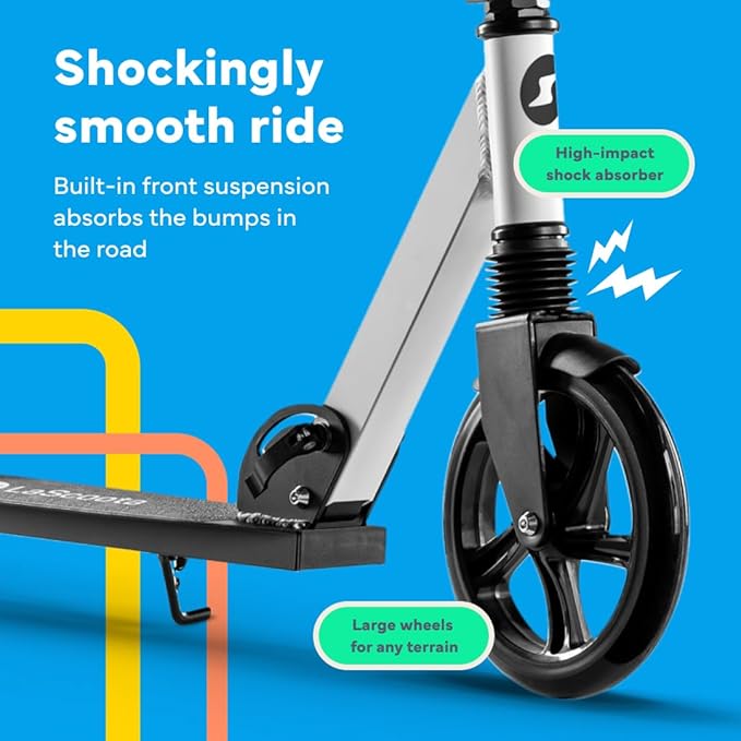 LaScoota Kick Scooter for Kids Ages 6+, Teens & Adults, Large 8" Sturdy Urethane Wheels. Adjustable Handlebar, Lightweight, Foldable, 220lbs Max Load