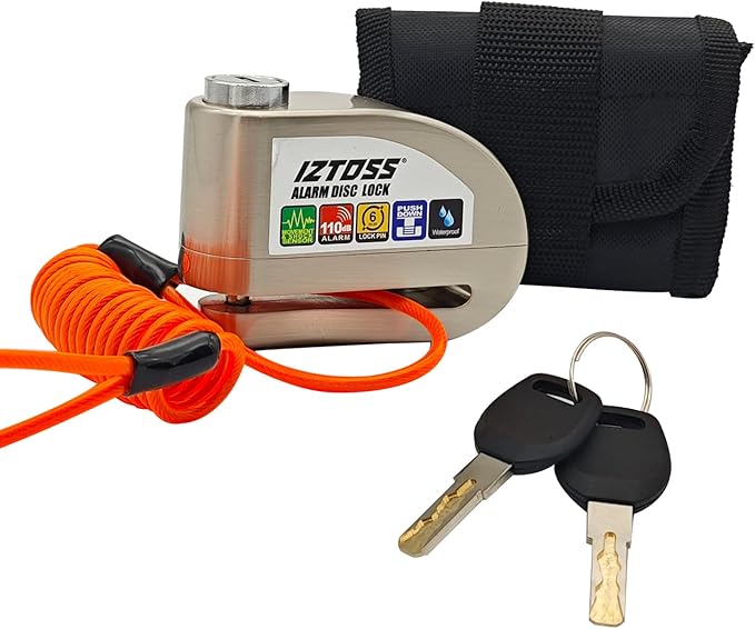IZTOSS Motorcycle Alarm Disc Lock Anti-Theft Disc Brake Lock Waterproof 110 dB 7mm Pin 4ft Reminder Cable for Motorcycles Bicycles Scooter Carry Pouch（Optional Alarm）