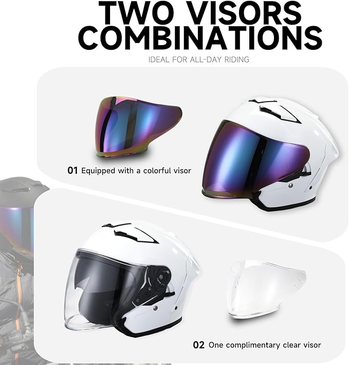 TCT-MOTORPARTS Adult Dual Visors 3/4 Open Face Motorcycle Helmet Motorbike Racing Street Bike Helmets DOT Approved Pearl White Small