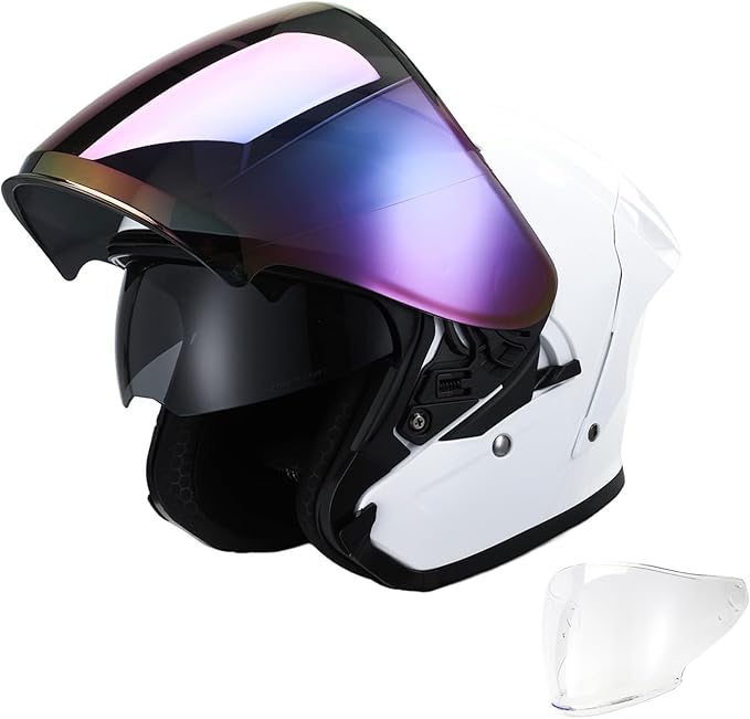 TCT-MOTORPARTS Adult Dual Visors 3/4 Open Face Motorcycle Helmet Motorbike Racing Street Bike Helmets DOT Approved Pearl White Large