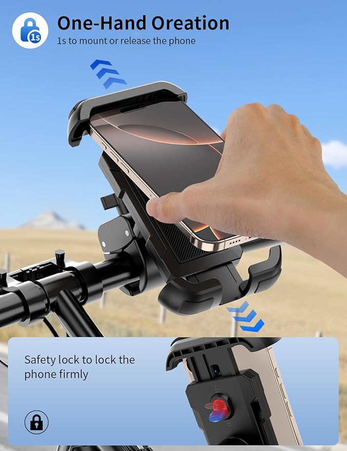 Bike Phone Holder, Motorcycle Phone Mount, [Camera Friendly] [Quick Install] [Double Locked]Clip for Scooter, 360° Rotate Cell Phone Clamp for iPhone 16 15 Pro Max/14/13, Galaxy and More 4.7-7" Phone