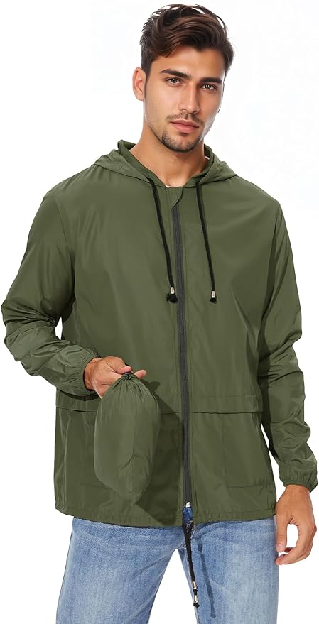 Zando Packable Mens Rain Jacket Lightweight Raincoat Waterproof with Hood Outdoor Windbreaker Jacket Travel Rain Jackets