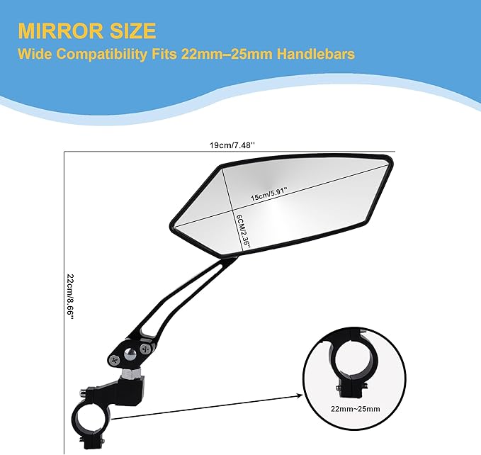 Bike Mirror Handlebar Mount – Adjustable Rear View Mirror for Mountain Bikes, E-Bikes, Scooters, Clear View, Easy Installation, Ideal for Adult Bikes, Fits 22 mm- 25 mm Handlebars Black A