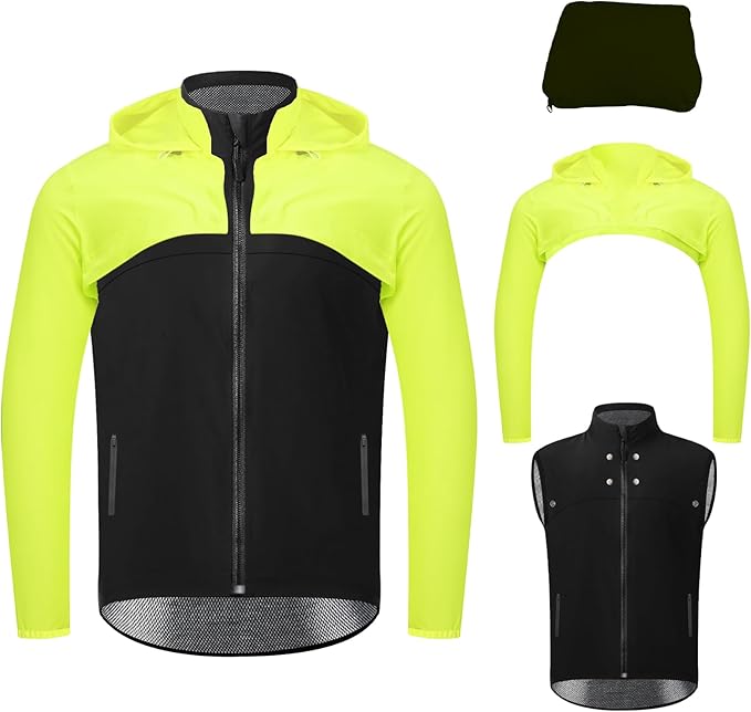 Men's Cycling Jacket Waterproof Windbreaker with Detachable Running Hiking Cycling Vest Packable Rain Coat