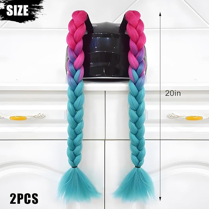Helmet Pigtail Braids, 2PCS Motorcycle Helmet Ponytail Hair Tails Braid with Detachable Suction Cup, Hel-met Not Included, Bike Decoration Accessories, Universal for Bicycle Motorbike (Style1)