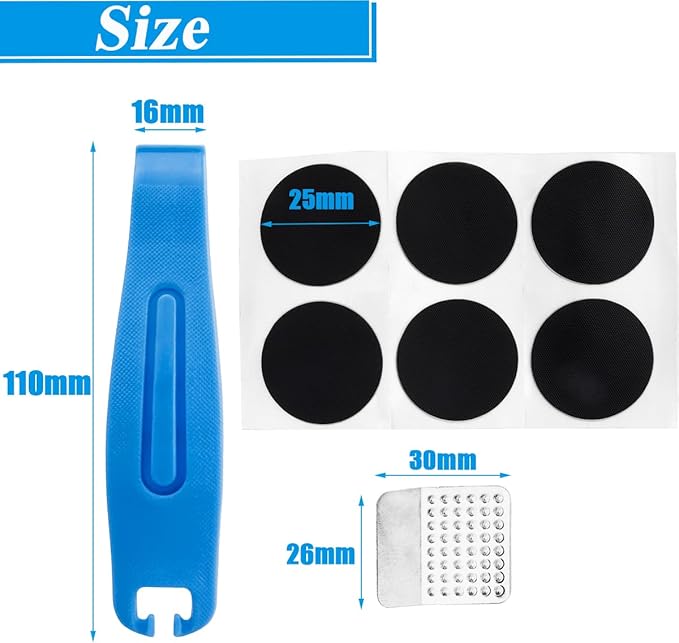 Bike Tire Repair Kit, 6Pcs Glueless Patches & 3Pcs Tire Levers with Metal Rasp, Compact Bicycle Inner Tube Patch Kit for Road & Mountain Bikes