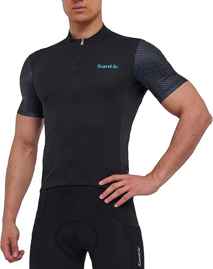 Santic Men's Cycling Jersey Short Sleeve Tops Pro Road Bike Shirt Full Zipper UPF 50+ MTB Jersey with Pockets