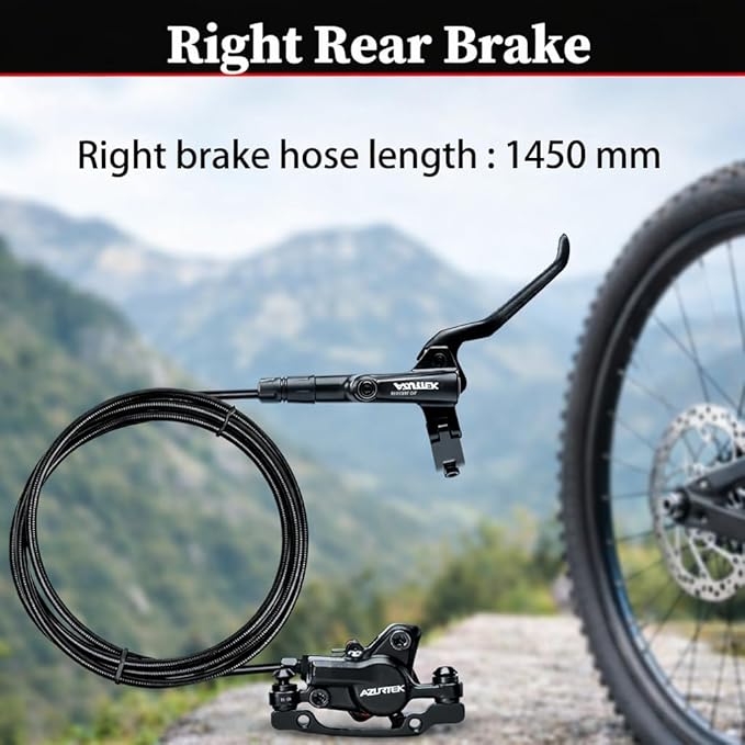 RUJOI MTB Hydraulic Disc Brakes Set, Mountain Bike Right Rear 1450mm Brake Aluminum Alloy Levers with Calipers PM/is Adapter and 160mm Rotor Fit E-Bike(Pred Bled/Pads Included