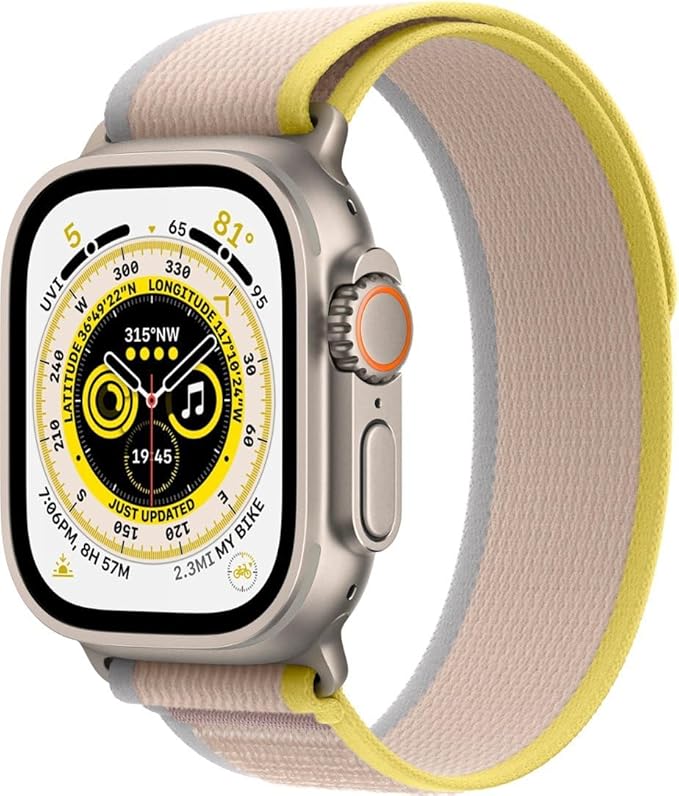 Apple Watch Ultra [GPS + Cellular 49mm] Titanium Case with Yellow/Beige Trail Loop, M/L (Renewed)