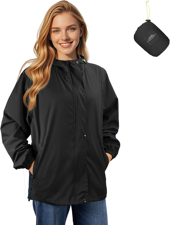 LAMA Women's Rain Jacket Lightweight Waterproof, Windbreaker Jacket with Hood Sun Protection, Packable Raincoat with Pocket