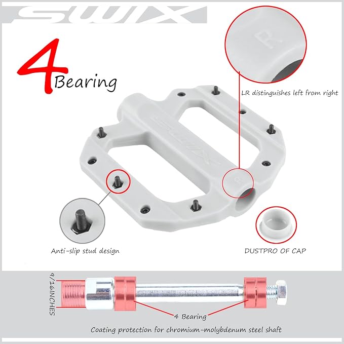 SWIX Bike Pedals Professional Mountain and Road Bike Flat Pedal Wide Paltform and Lightweight Non-Slip Pedal for 9/16" Bike/Hybrid Bike/E-Bike Parts Replacement Pedals Bike Accessories