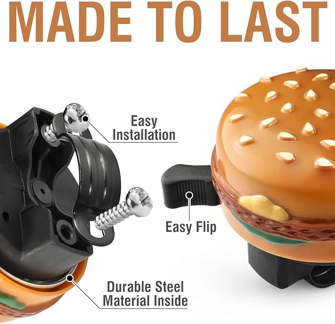 MARQUE Hamburger Bike Bell – Bicycle Bell for Most Bikes, Also Fit Balance Bike and Scooter, Must Have Cycling Accessory