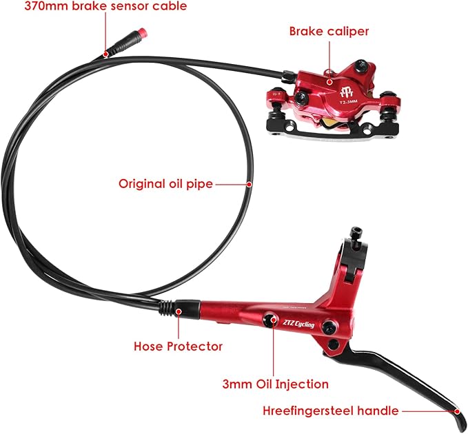 E-Bike Hydraulic Disc Brake Set, 2-PIN 2-Pistons Electric Power-Off Hydraulic Brakes Set, Left Front 950mm Right Rear 1880mm Pre-Bled with Mineral Oil Brakes Kit for eBike, MTB, Scooters