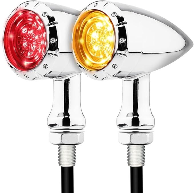 Bullet Style Motorcycle Rear LED Tail Lights, Red Running/Brake Light + Amber Turn Signals, Zinc Alloy Housing, M10 Mount Universal Fit for Cruiser Bobber Chopper Cafe Racer (Chrome-Rear)