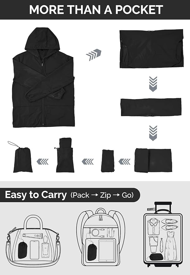 Zando Packable Mens Rain Jacket Lightweight Raincoat Waterproof with Hood Outdoor Windbreaker Jacket Travel Rain Jackets