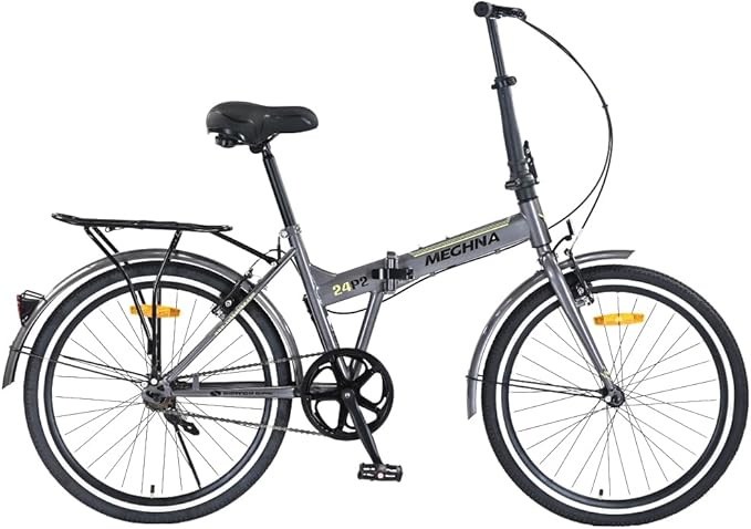 24 Inch Folding Bike for Adults, Steel Frame Single Speed City Commuter Bicycle, Dual V-Brake Portable Compact Bike with Fenders for Men Women
