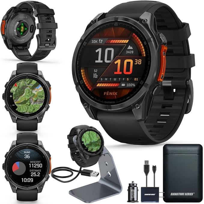 Garmin Fenix 8 Premium Multisport GPS Running Smartwatch, 47 mm, AMOLED, Dive-Rated, Built-in Flashlight, Slate Gray with Black Band with Signature Series Charging Stand