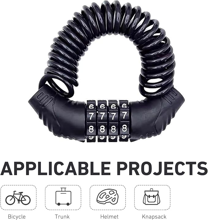 Motorcycle and Bike Helmet Lock, Anti-Theft Retractable Luggage Lock, 4 Digit Combination Password Security Lock, Universal for Most Motorcycles and Bicycles (Black)