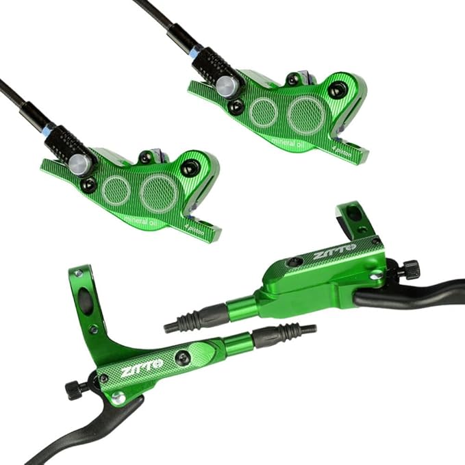 Bicycle Hydraulic Disc Brake Set with Four-Piston Calipers and Aluminum Alloy Construction for Mountain Bike Off-Road and Urban Riding Front/Rear Hose Included(Green)