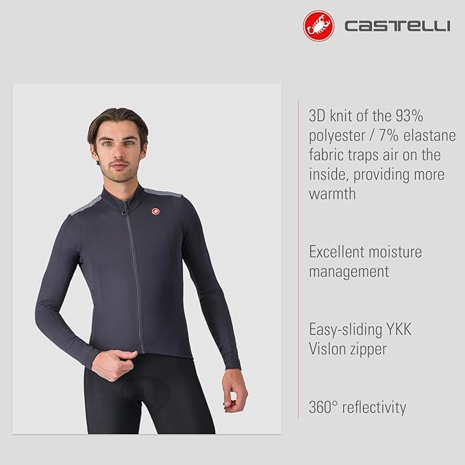 CASTELLI Men’s Puro 4 Jersey, Long Sleeve Mid-Weight Reflective Cycle Apparel for Early Morning Cool Road Cycling & Biking