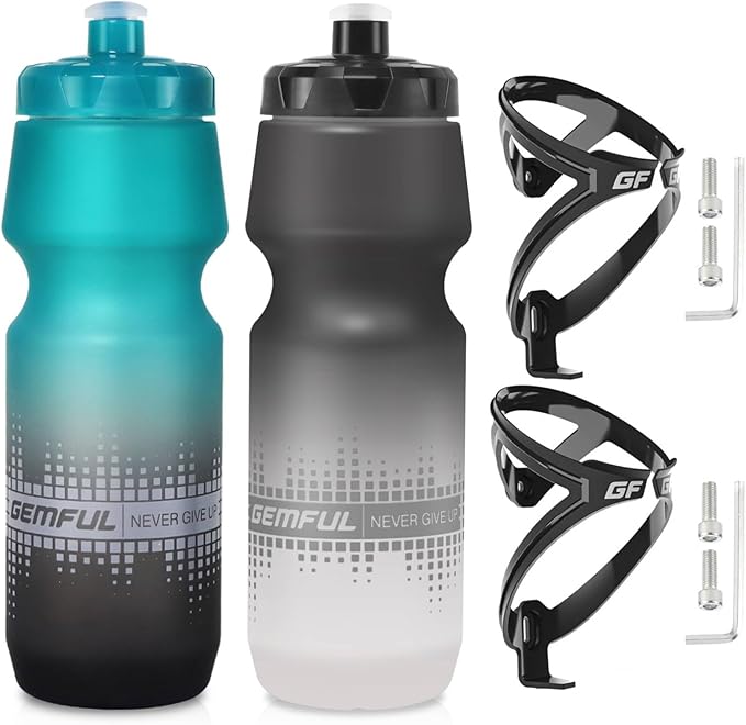 GEMFUL Bike Water Bottle Holder and Bicycle Bottle Combo 2 Pack Squeeze Cycling Water Bottle Cage 24oz 750ml Bpa Free Leakproof for Mountain Road Bikes Riding Cycle