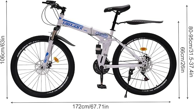 26" Folding City Bike Bicycle, 21-Speed Folding Bicycle for Adult, Camping Bicycle, Height Adjustable Folding Bike,with Mudguard, Mountain Bicycle for Roadways, Mountains, Racing, Blue&White