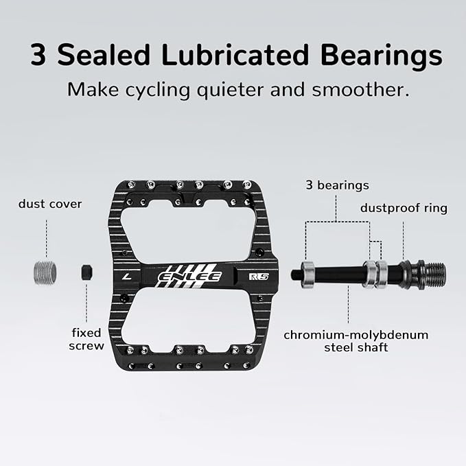 ENLEE Mountain Bike Pedals Flat, 3 Sealed Bearing Lightweight Aluminum Metal Bike Pedals 9/16", Waterproof MTB Pedals Flat with Removable Anti-Skid Nails for Adult Mountain Road BMX Bike