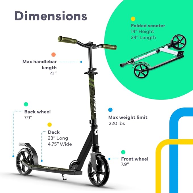 LaScoota Kick Scooter for Kids Ages 6+, Teens & Adults, Large 8" Sturdy Urethane Wheels. Adjustable Handlebar, Lightweight, Foldable, 220lbs Max Load
