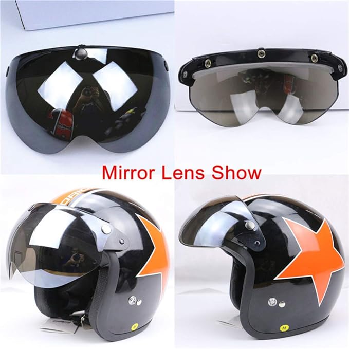 Helmet Visor Replacements,Universal 3 Snap Retro Helmet Visor Windproof Sun Shield Half Face Motorcycle Helmets Visor,Up Down Open Face Helmet Half Face Shield(Mirror)