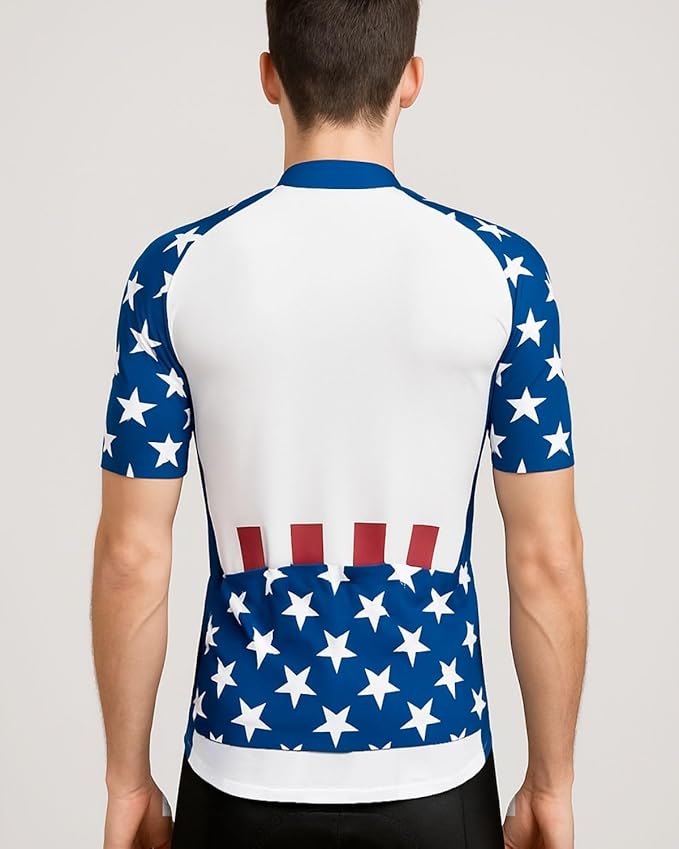 Lo.gas USA Cycling Jersey Men Short Sleeve Bike Biking Shirts American Flag Road Bicycle Clothing Full Zip with Pockets
