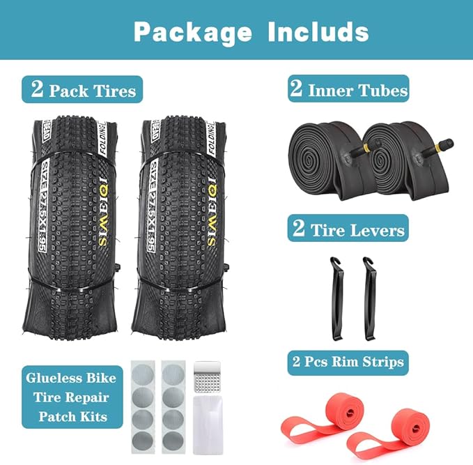 SIMEIQI 2 Pack 24/26/27.5x1.95 26x2.1 29x2.125 Inch Anti-Puncture Tires for Mountain Bike and Tubes Folding Replacement Bicycle Tyres for Hybrid Trails Commuter City Road