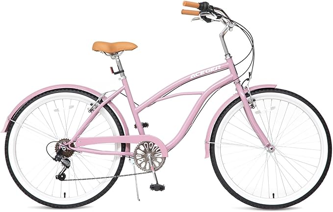 ACEGER 24 26 Inch Women Beach Cruiser Bike, Single Speed and 7 Speed, Adult Hybrid Bike Commuter Bicycle, Hi-Ten Steel Frame with Adjustable Handlebar and Saddle, Multiple Colors