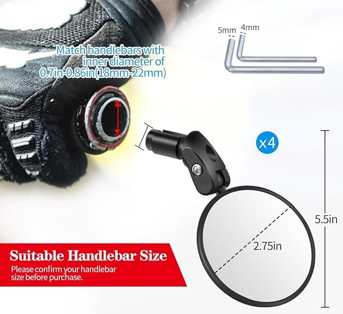 Handlebar Bike Mirror, 4pcs Bicycle Rearview Mirrors Set, HD Safety Bike Rear View Mirror, Adjustable Handlebar Mounted Convex Mirror with Allen Wrench, for Mountain Road Bikes